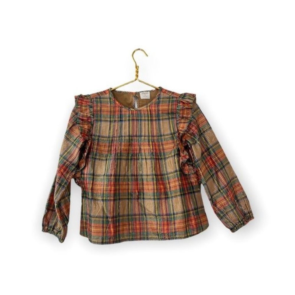 J.Crew Crewcuts Girls Camel Tartan Plaid Christmas Holiday Blouse Metallic Top